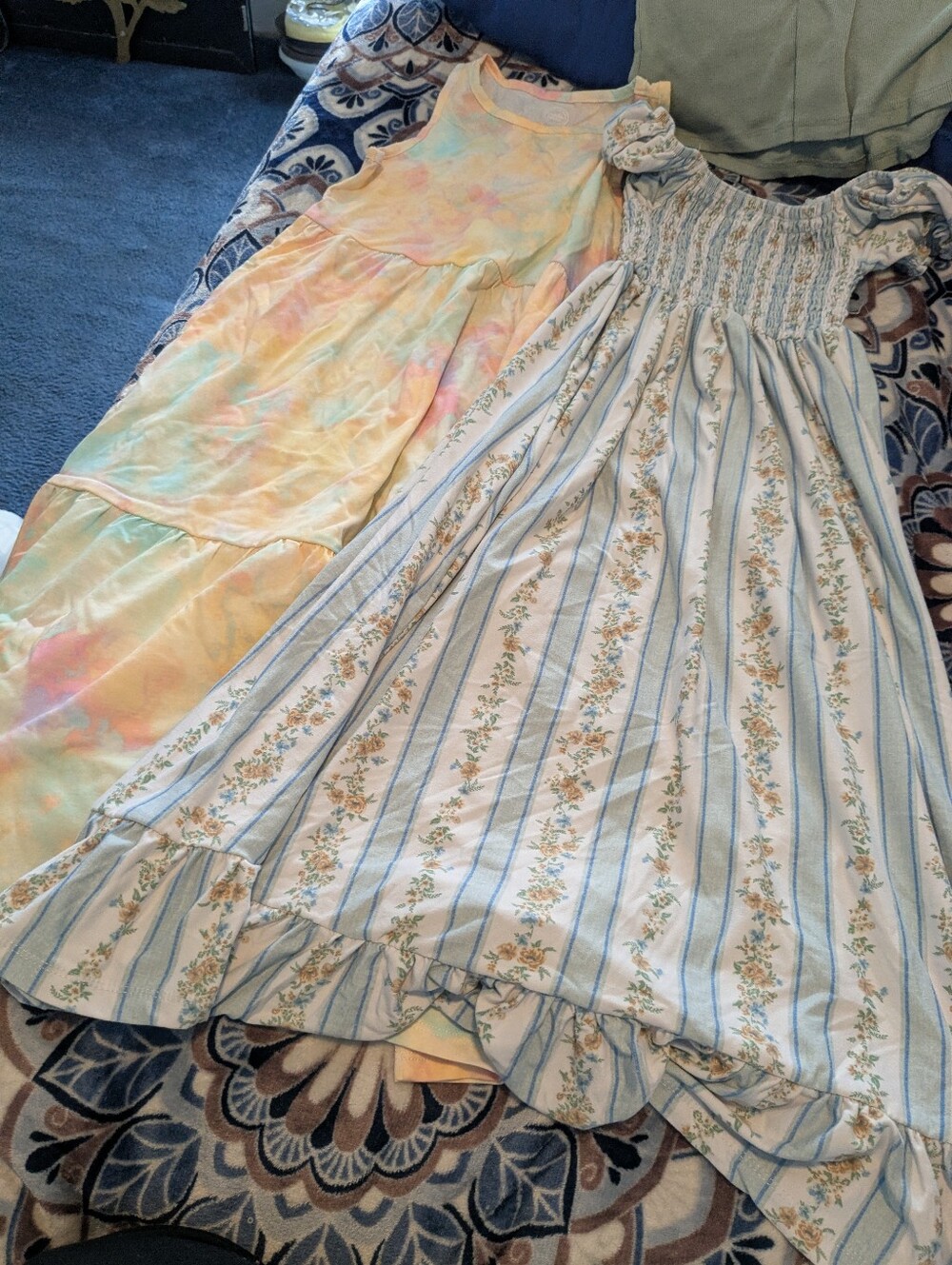Girls' Pastel Tie-Dye Maxi Dress & Blue Floral Stripe Maxi Dress - Set